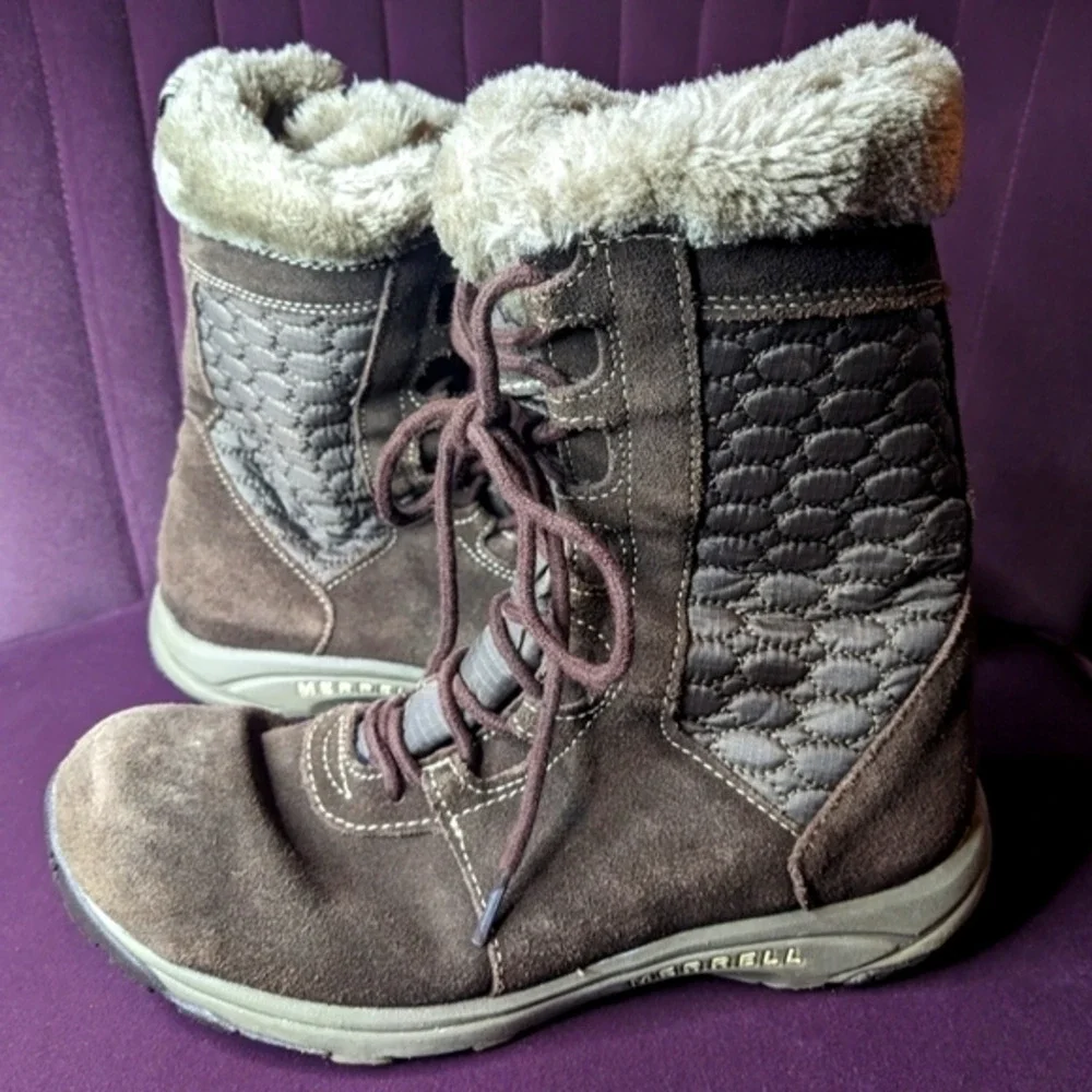 MERRELL 8.5 Leather‎ Lace-Up Side Zip-Up Brown Winter Boots